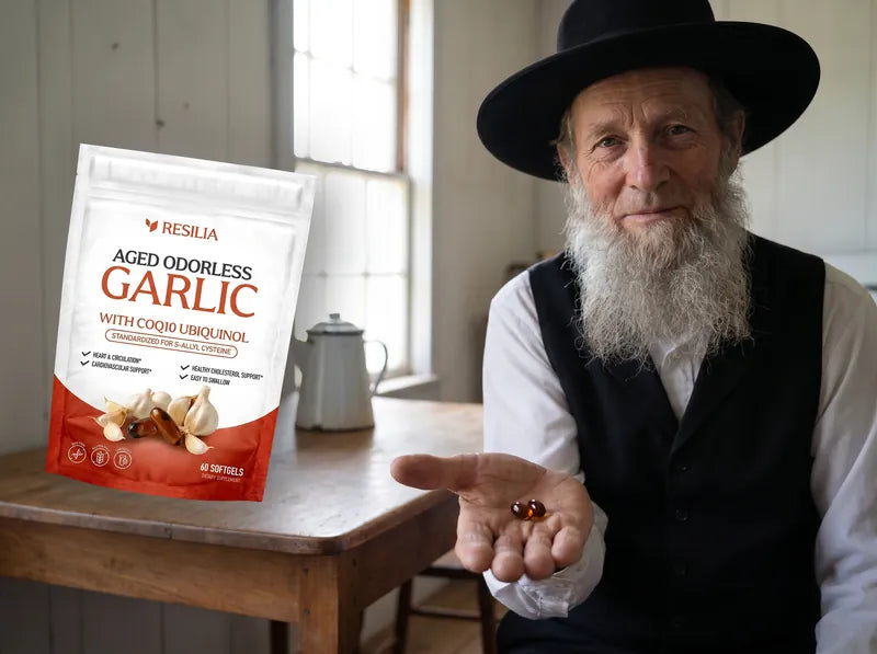 Abraham holding two dark amber softgels, the Resilia Aged Odorless Garlic pouch beside him