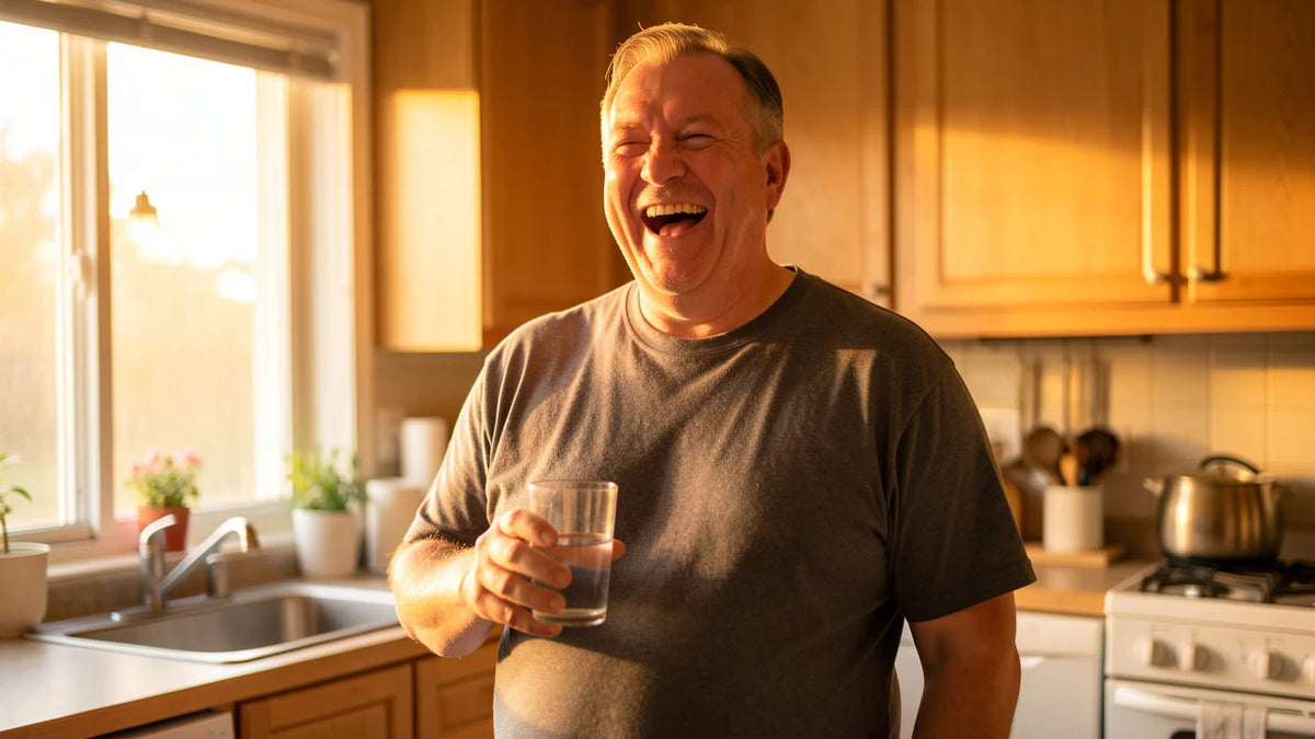 A man in his fifties in his kitchen in the late afternoon