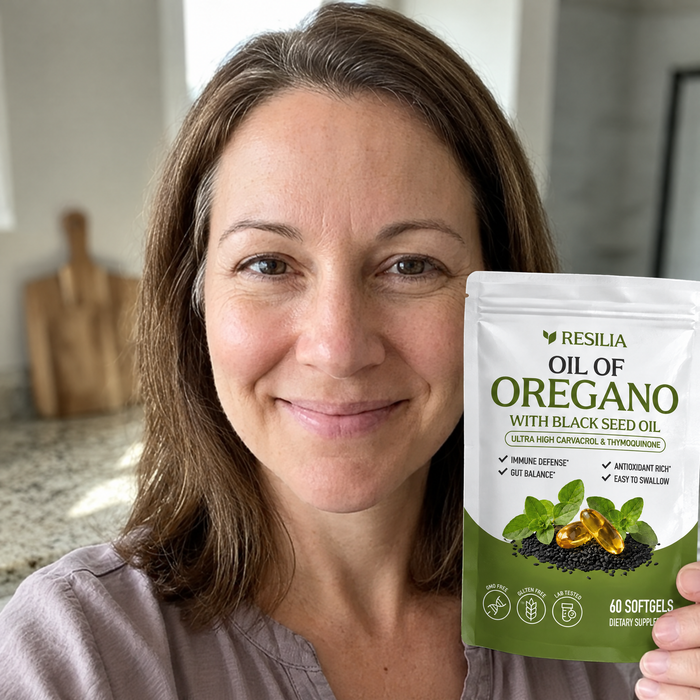 Customer holding the Resilia Oil of Oregano pouch