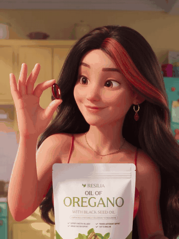Animated woman in her kitchen smiling and holding up her Resilia Oil of Oregano pouch