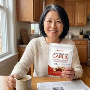Resilia customer holding the Aged Garlic pouch