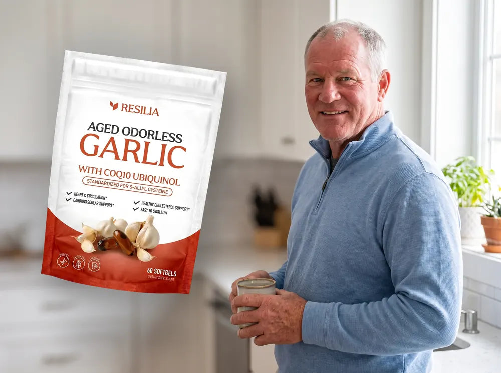 Tom in his kitchen with the Resilia Aged Odorless Garlic pouch