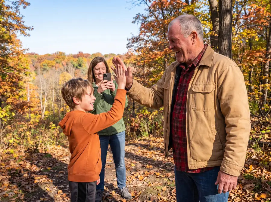Tom high-fiving his grandson Eli at the top of the trail while his daughter takes a photo
