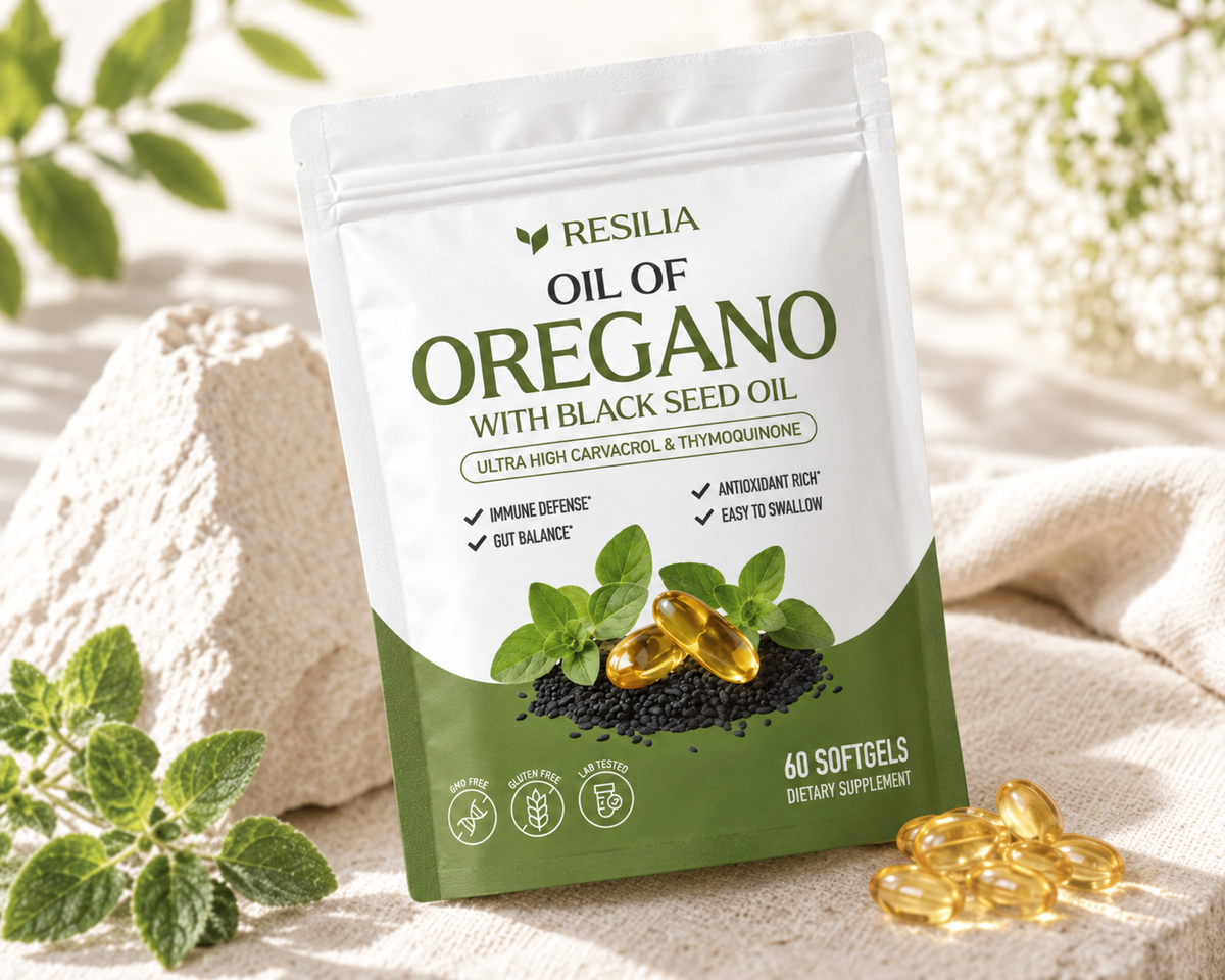 Resilia oregano oil and black seed oil softgels package