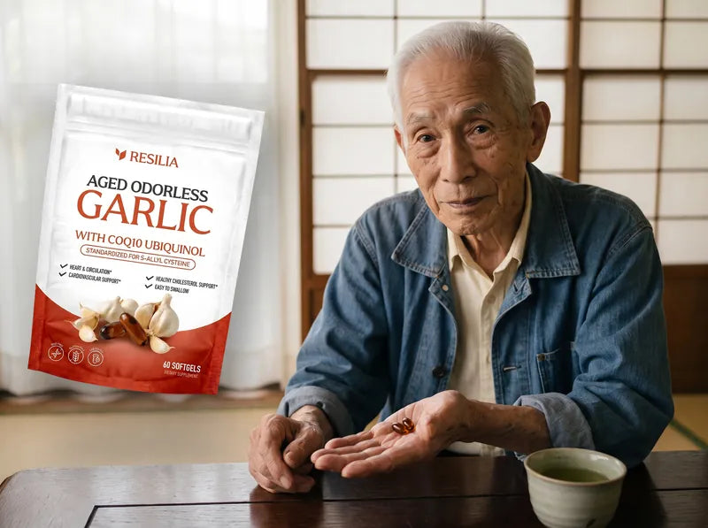 Kenji's father holding two dark amber softgels, the Resilia Aged Odorless Garlic pouch beside him