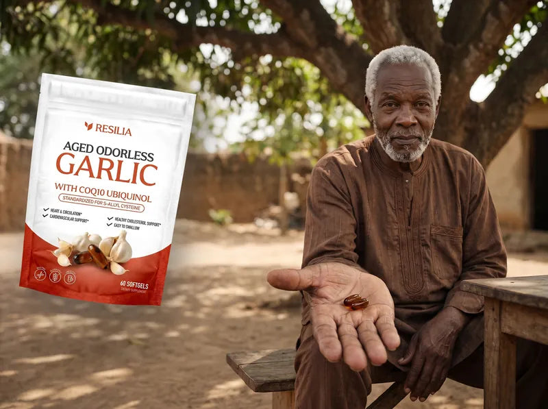 Kwame holding two dark amber softgels, the Resilia Aged Odorless Garlic pouch beside him