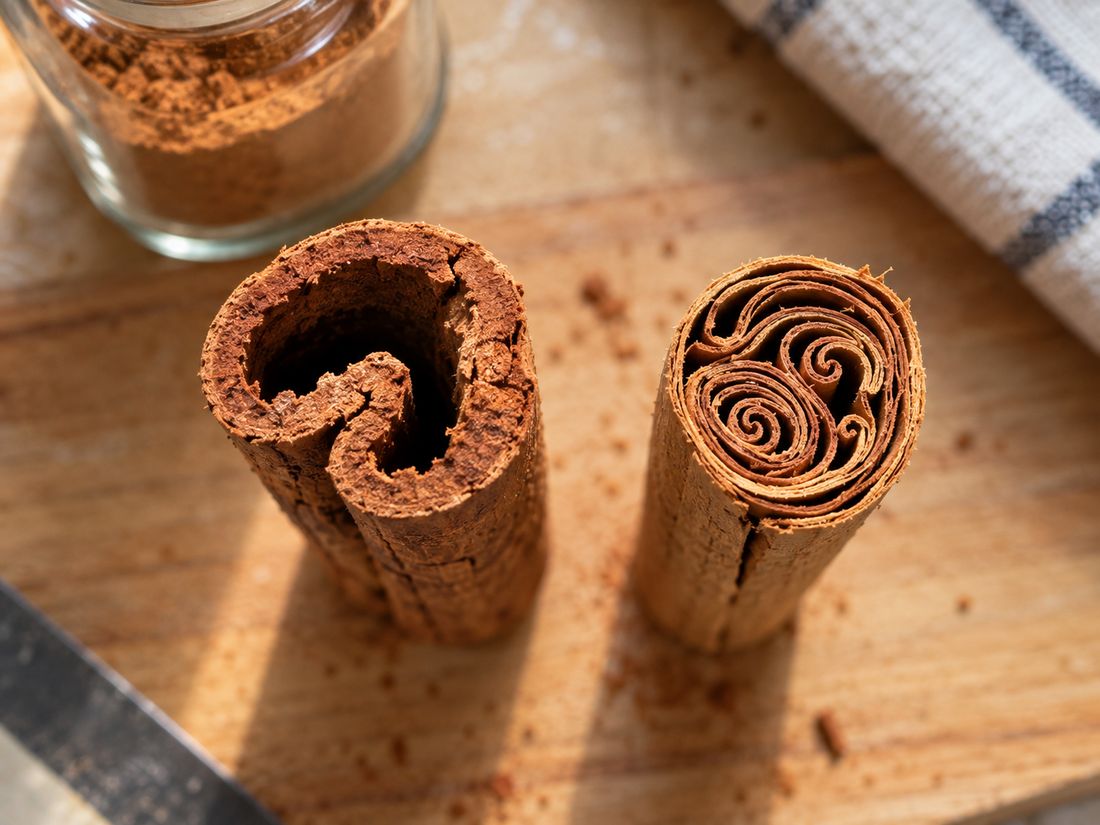 Thick, hard cassia cinnamon stick next to a thin, multi-layered Ceylon cinnamon stick