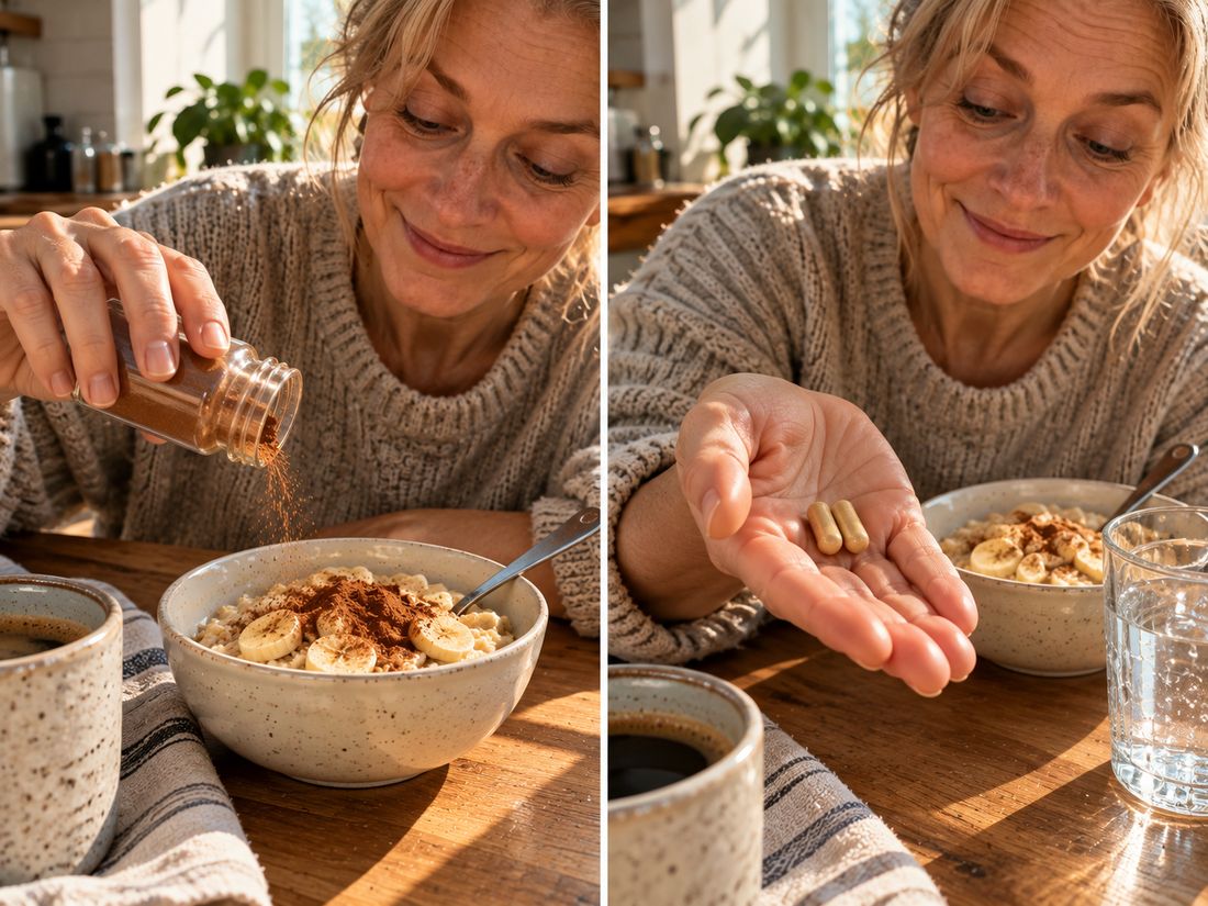 Woman sprinkling cinnamon on oatmeal next to the same woman holding two capsules