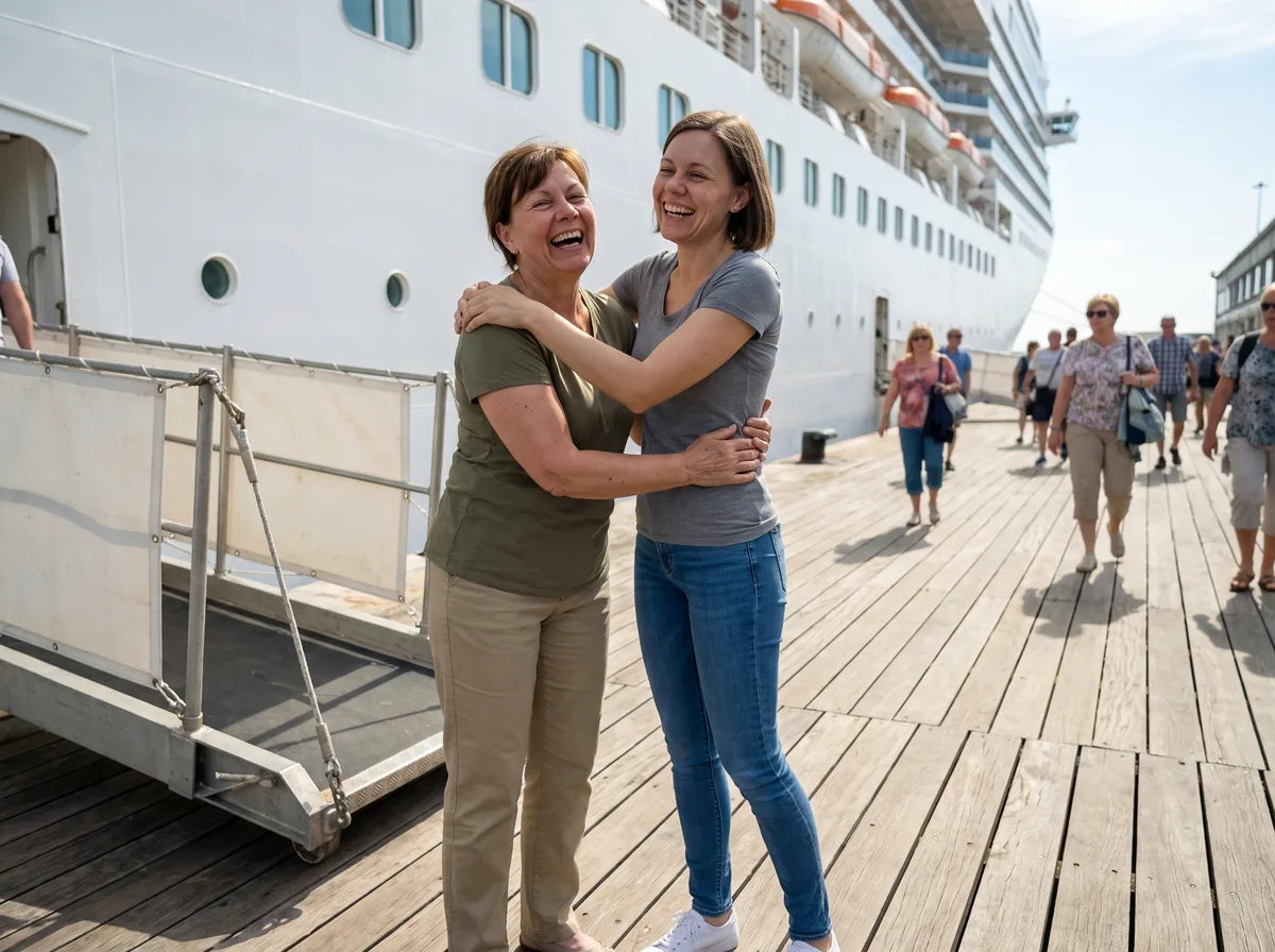 The attendant's mom hugging her at the bottom of the gangway