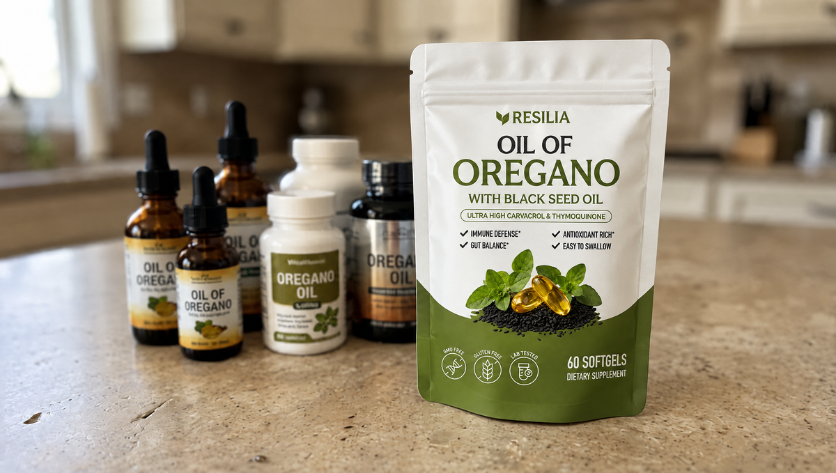 A lineup of generic oil of oregano bottles on a kitchen counter, with one Resilia pouch standing apart