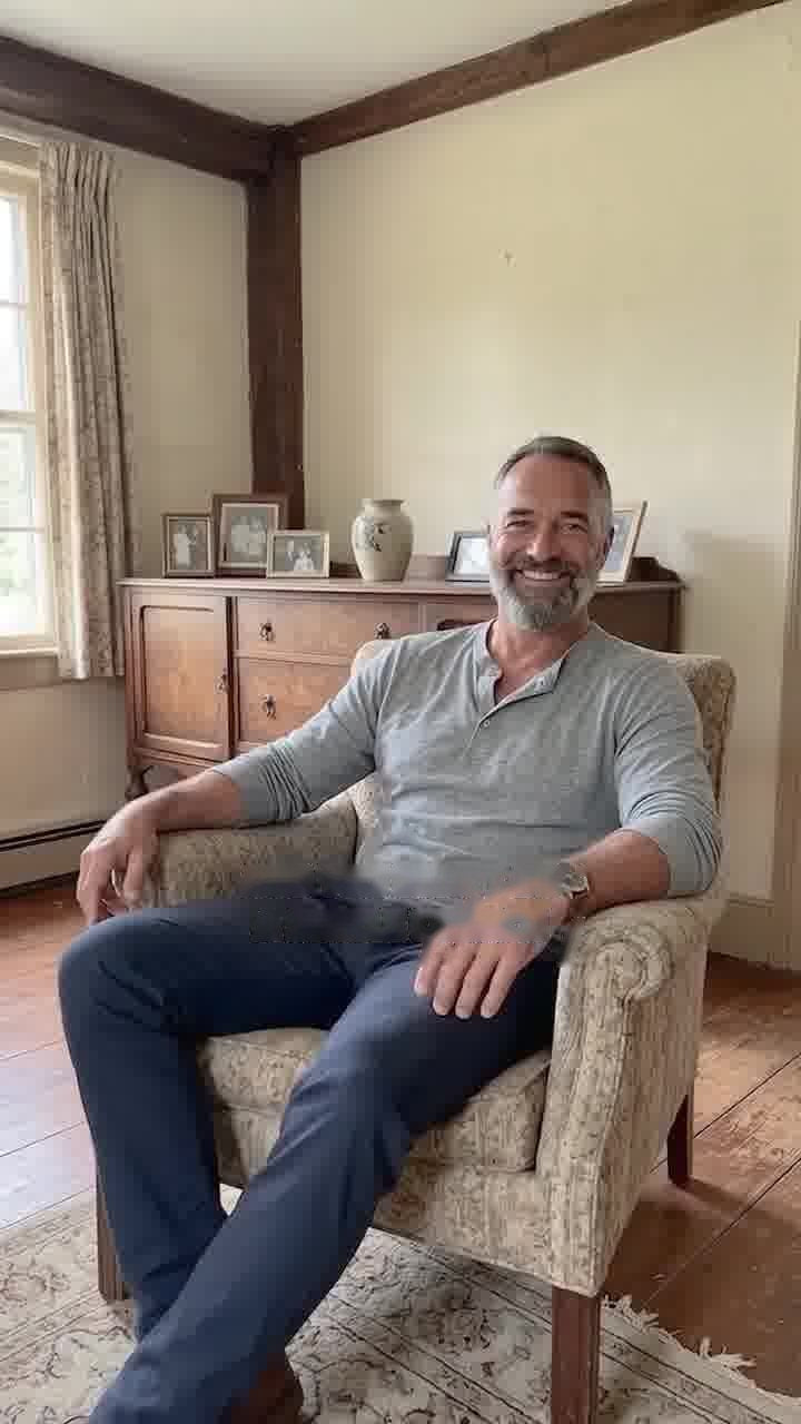 A relaxed man smiling in an armchair at home
