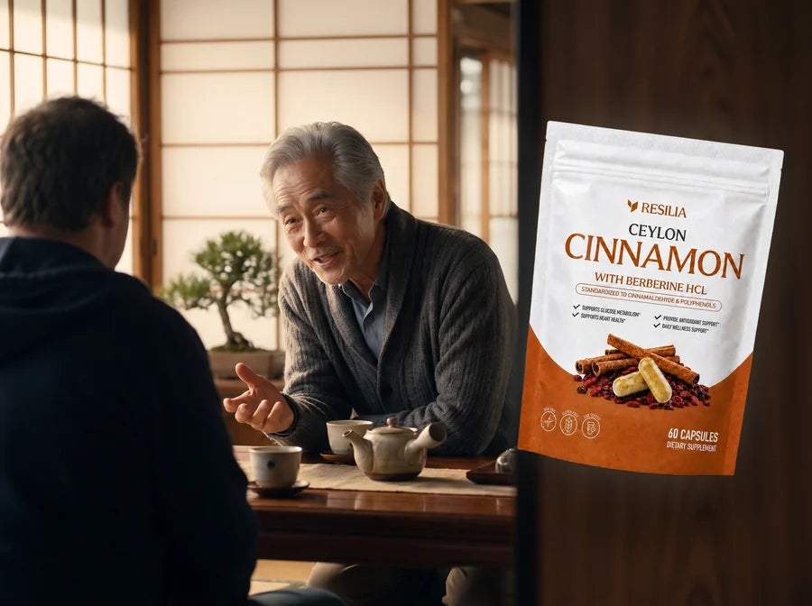 Mr. Ono at his table with the Resilia Ceylon Cinnamon pouch