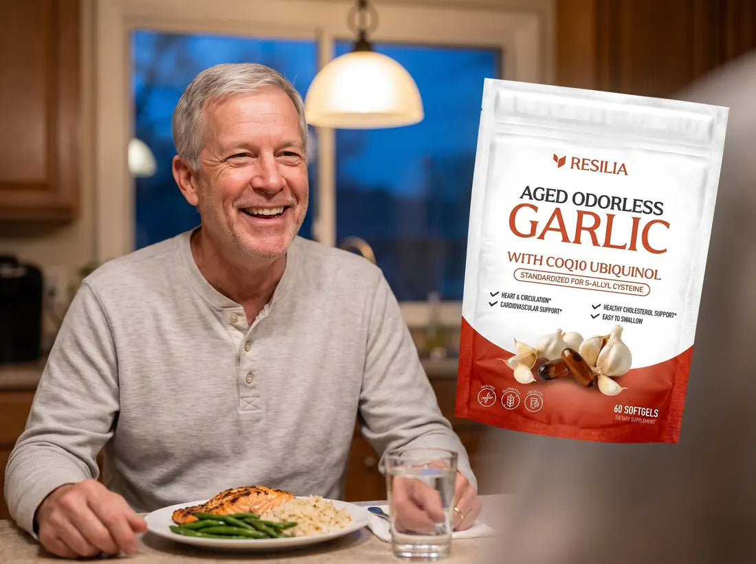 Resilia Aged Odorless Garlic next to a dinner plate
