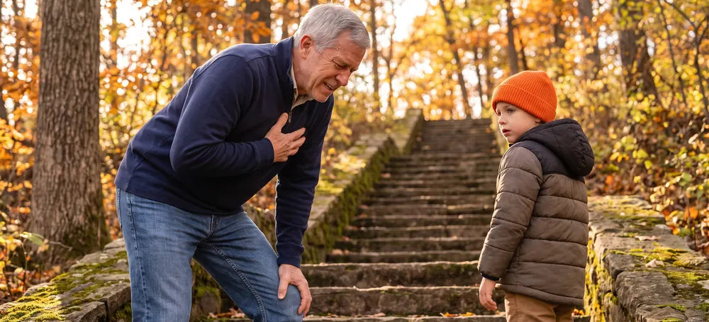 A man stopped halfway up stone steps, out of breath, while a boy looks back at him