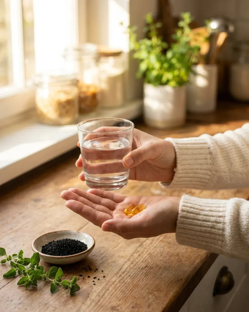 Hand holding two softgels and a glass of water, oregano and black seed on the counter