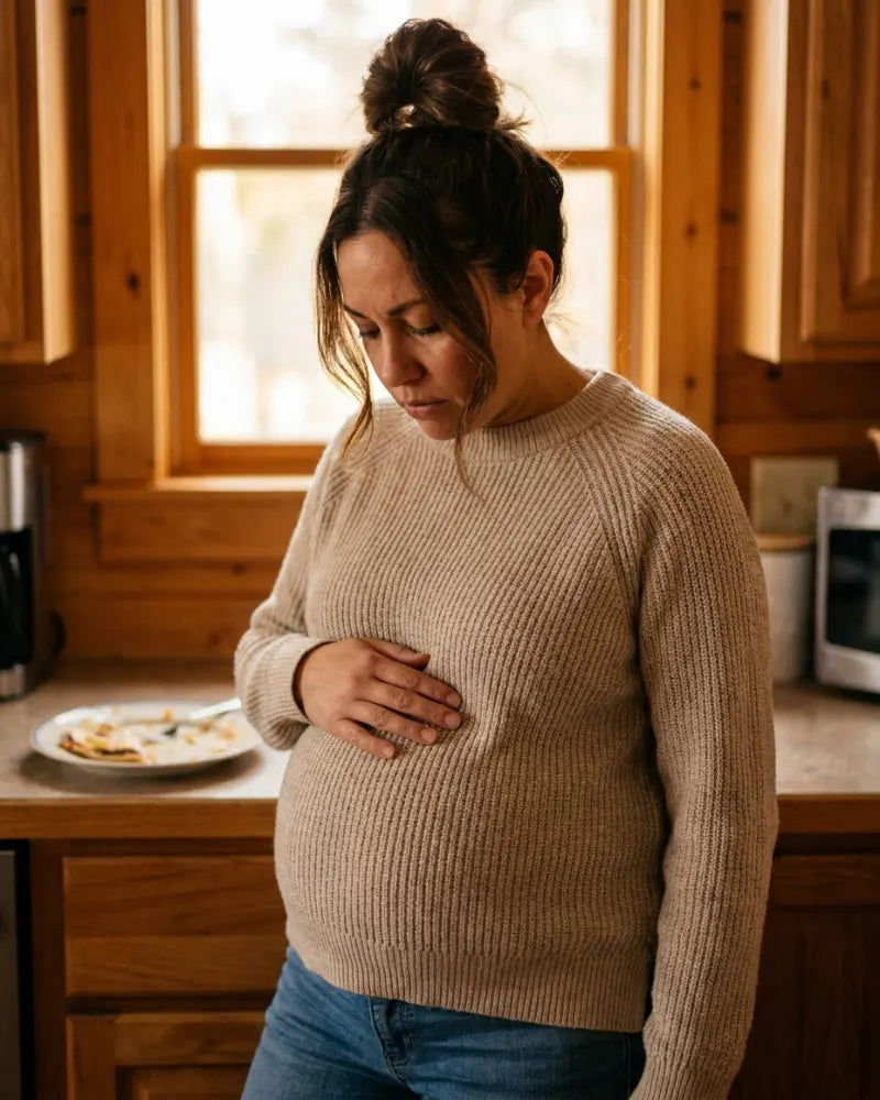 Woman in her kitchen with a hand on her bloated stomach after dinner