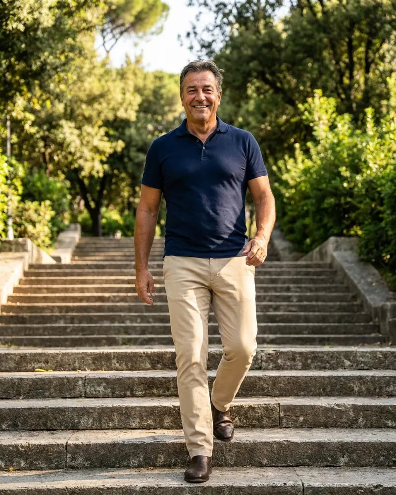 The dad walking briskly down park steps in the morning