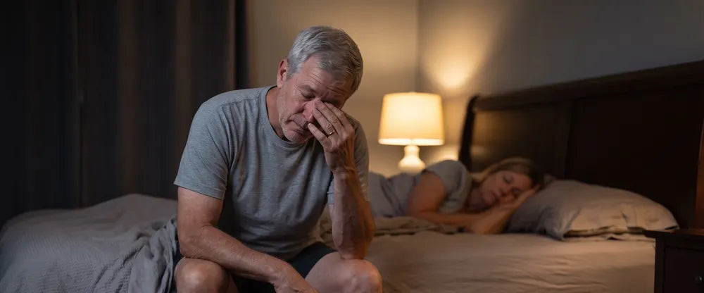 A man sitting on the edge of his bed in the middle of the night, head in his hand