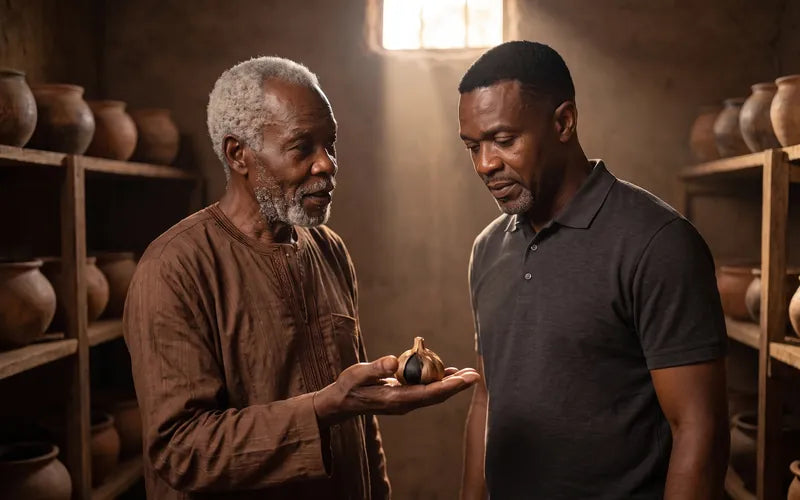 Kwame, a village elder, showing Andre a black aged garlic bulb in a dim storehouse of clay pots