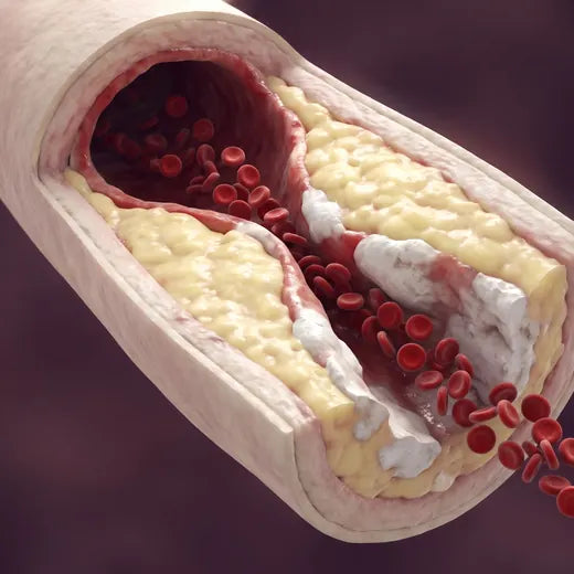 Illustration of a stiff artery narrowed by deposits, with a thin trickle of blood