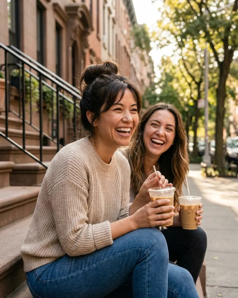 Two friends laughing on brownstone steps with iced coffees