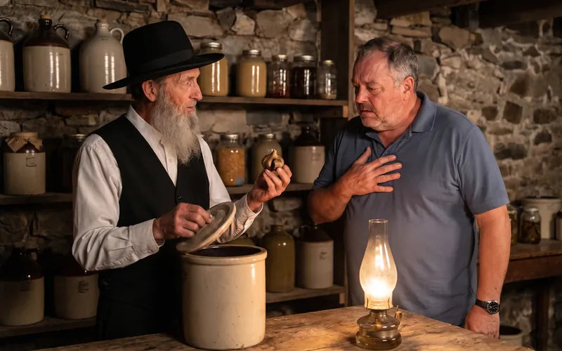 Abraham, an Amish elder, holding up a black aged garlic bulb by lantern light while Mark watches with a hand on his chest